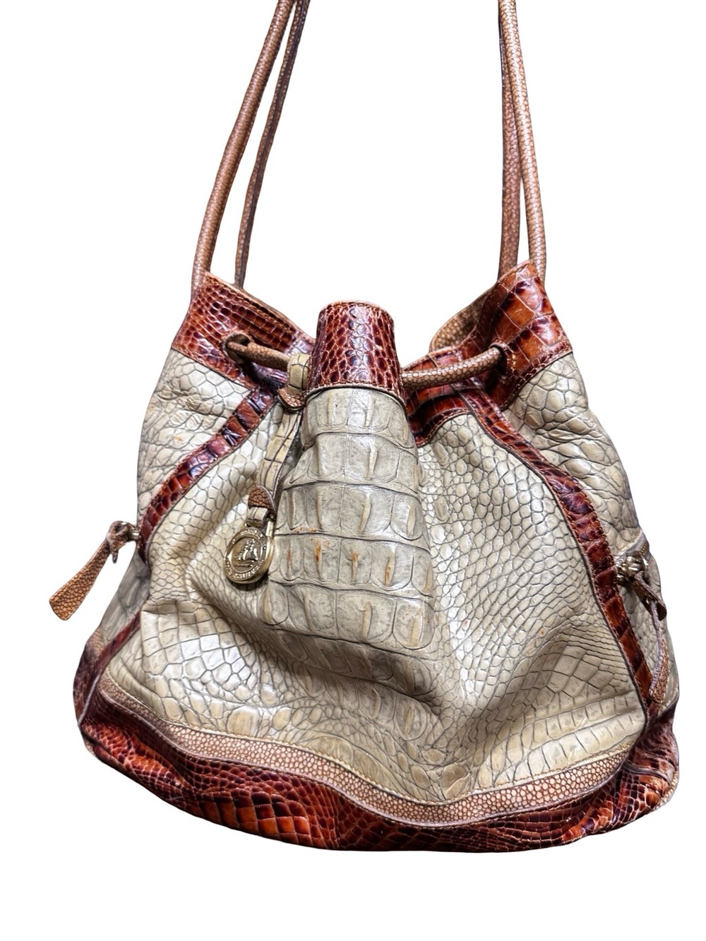 Brahmin Croc Embossed Leather Bucket Bag Beige Brown Drawstring Shoulder Purse